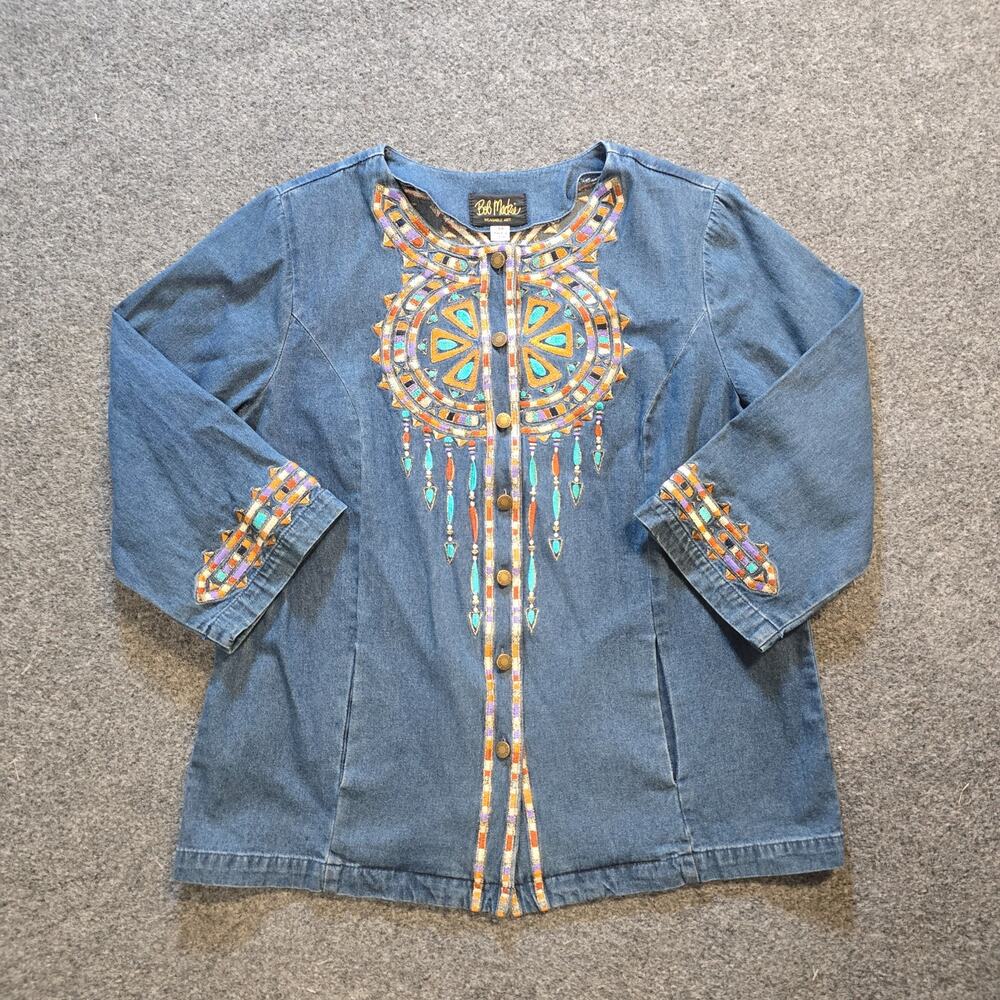 Bob Mackie Top Womens Medium Blue Denim Embroidered Aztec Western Art Casual